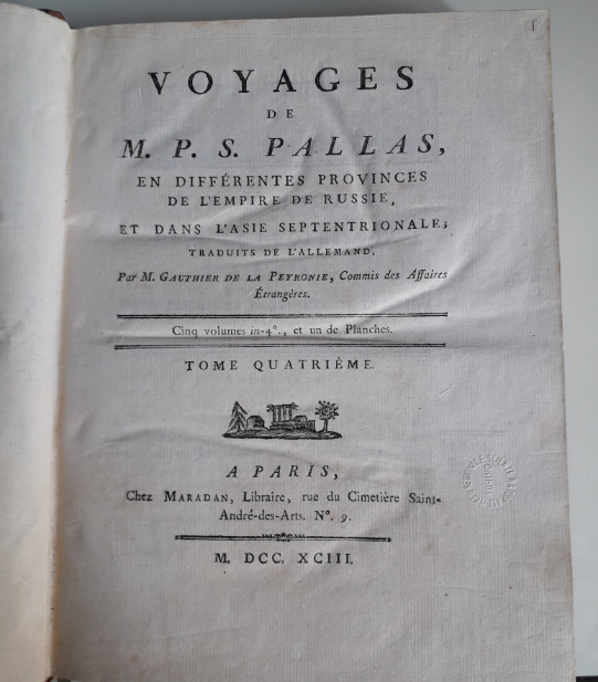 Copertina di "Voyages de M.P.S. Pallas", conservato presso il Museo Regionale di Scienze Naturali di Torino