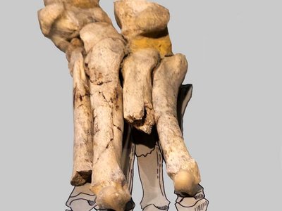 Ricostruzione parziale dello scheletro di una zampa posteriore sinistra di leone (Felis leo spaelea); le ossa appartengono tutte allo stesso individuo | Grotta della Ciota Ciara, Monte Fenera, Piemonte, Italia | Foto di Paolo Siccardi